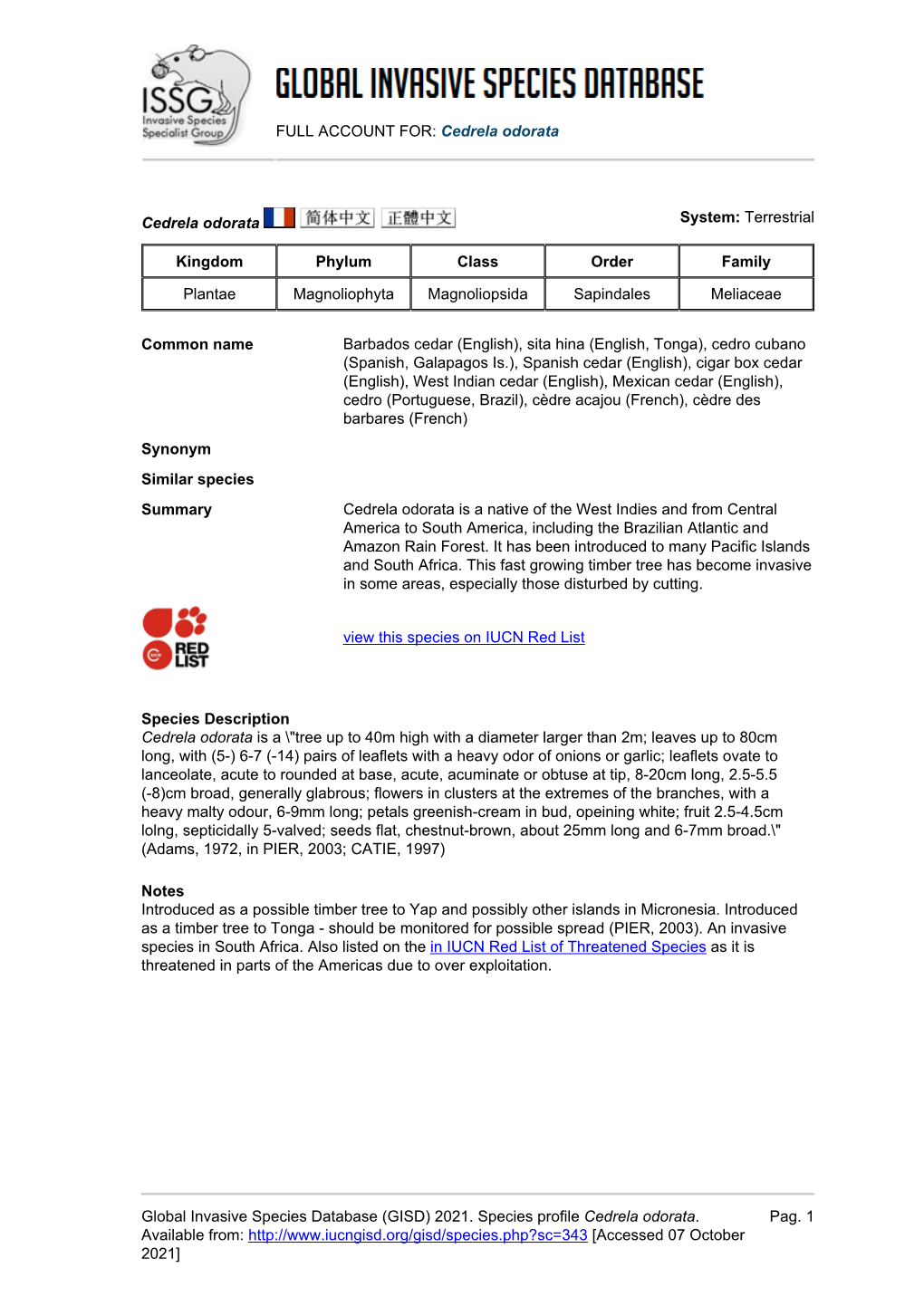 (GISD) 2021. Species Profile Cedrela Odorata. Available From