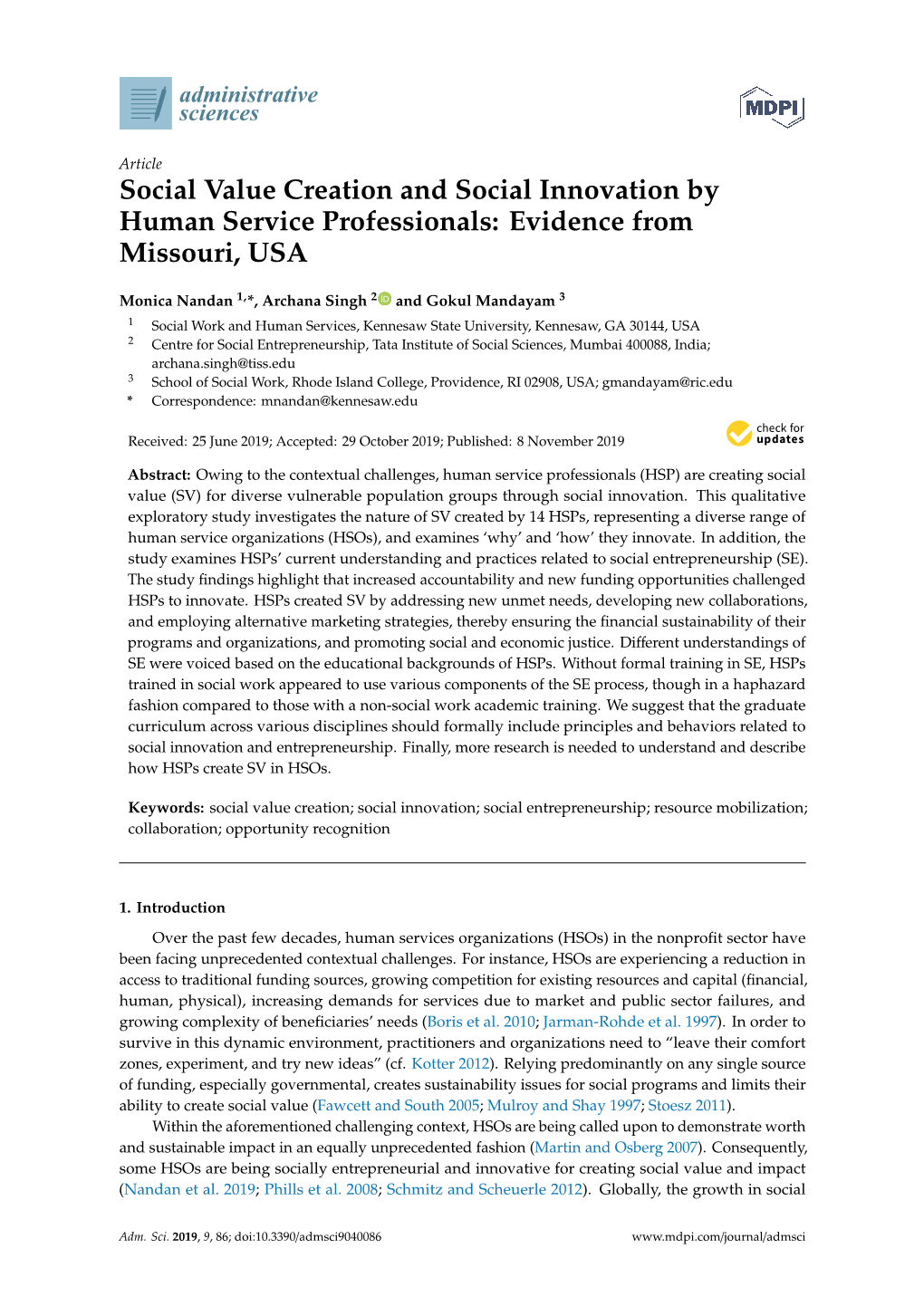 Social Value Creation and Social Innovation by Human Service Professionals: Evidence from Missouri, USA