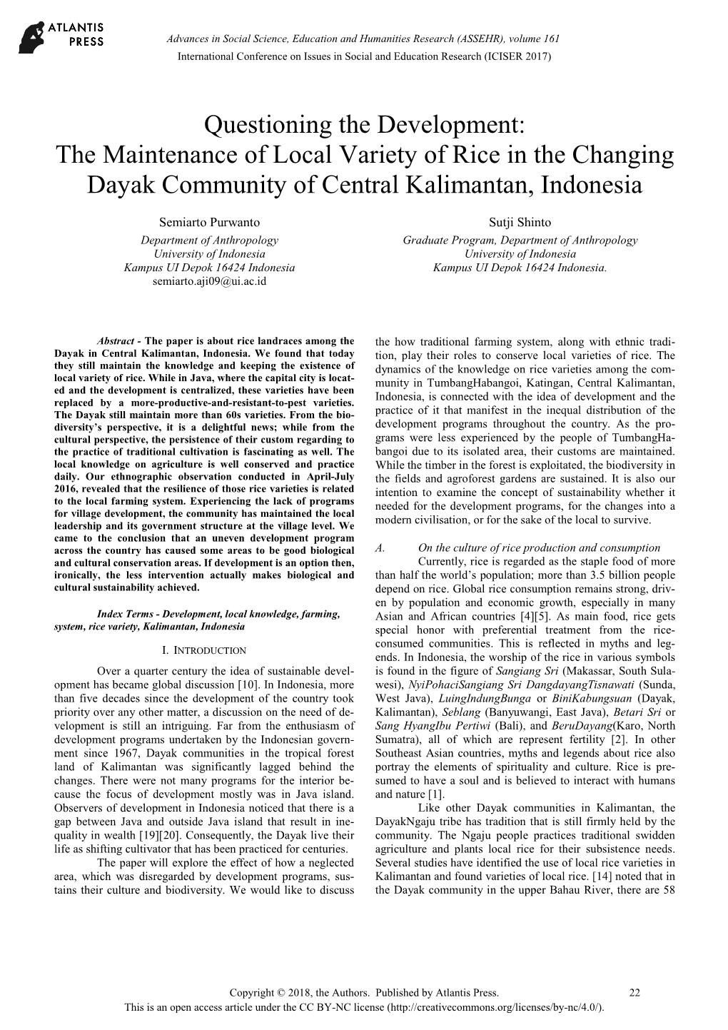 The Maintenance of Local Variety of Rice in the Changing Dayak Community of Central Kalimantan, Indonesia