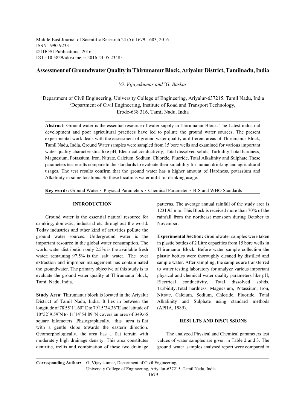 Assessment of Groundwater Quality in Thirumanur Block, Ariyalur District, Tamilnadu, India