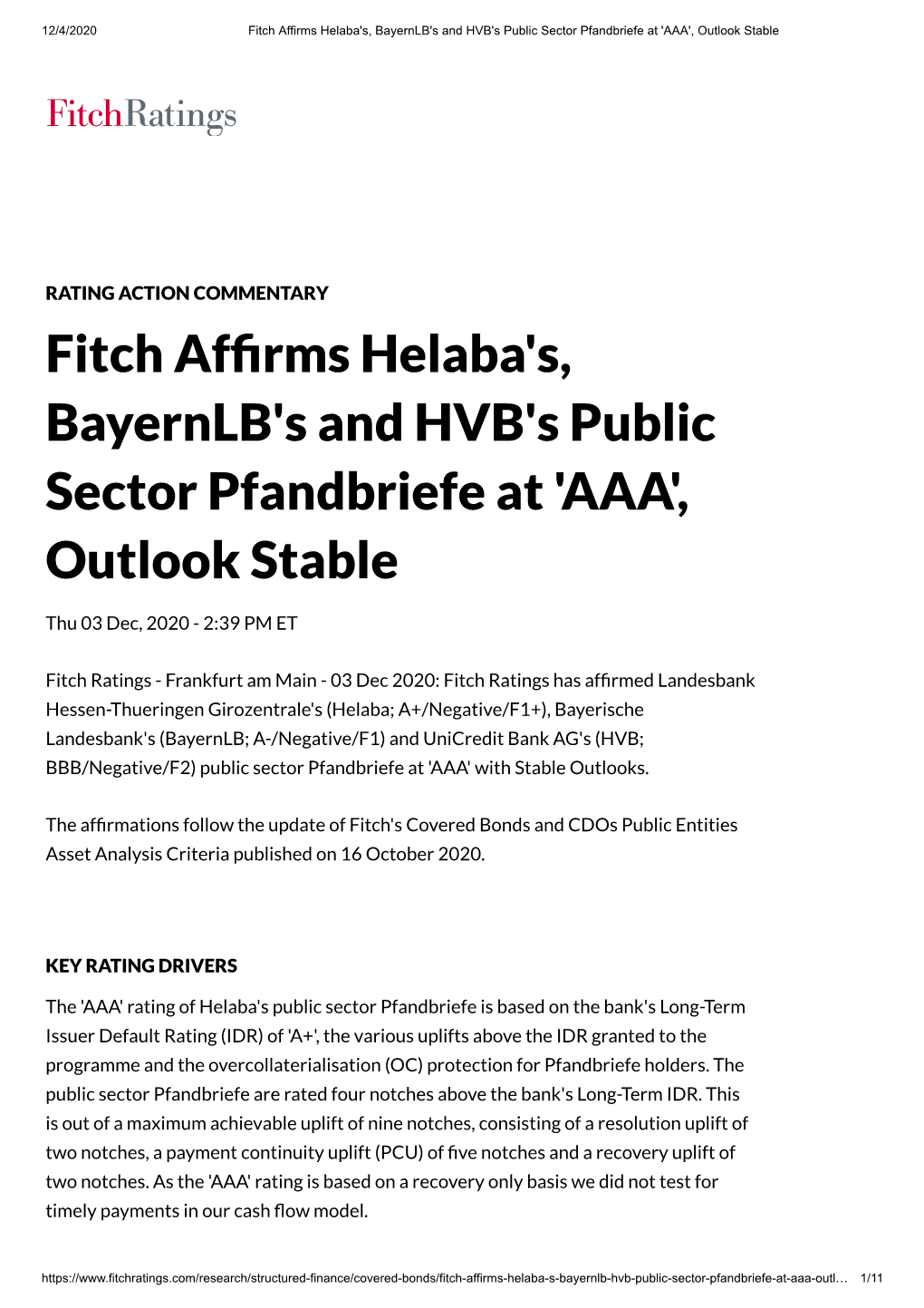 Fitch Affirms Helaba's, Bayernlb's and HVB's Public Sector Pfandbriefe at 'AAA', Outlook Stable