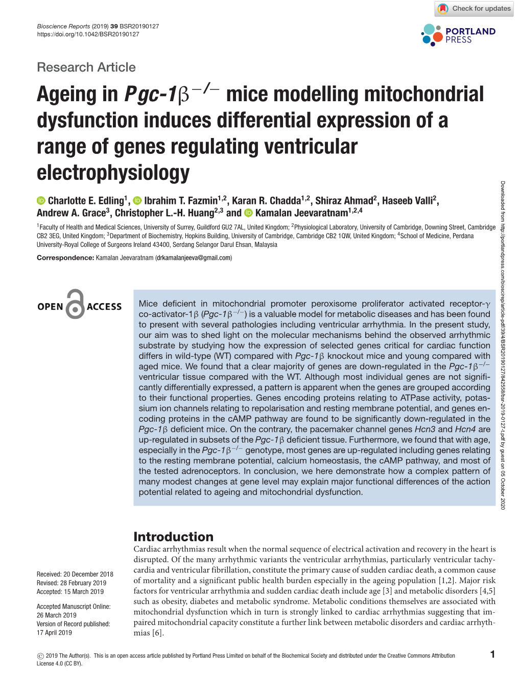 Ageing in Pgc-1Β Mice Modelling Mitochondrial Dysfunction Induces