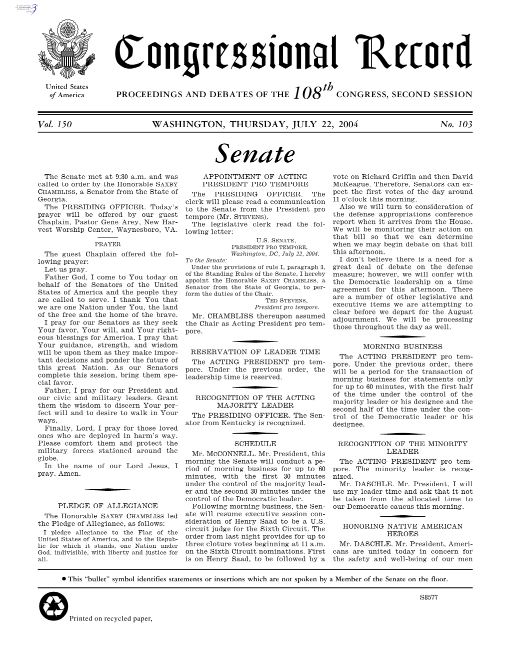 Congressional Record United States Th of America PROCEEDINGS and DEBATES of the 108 CONGRESS, SECOND SESSION