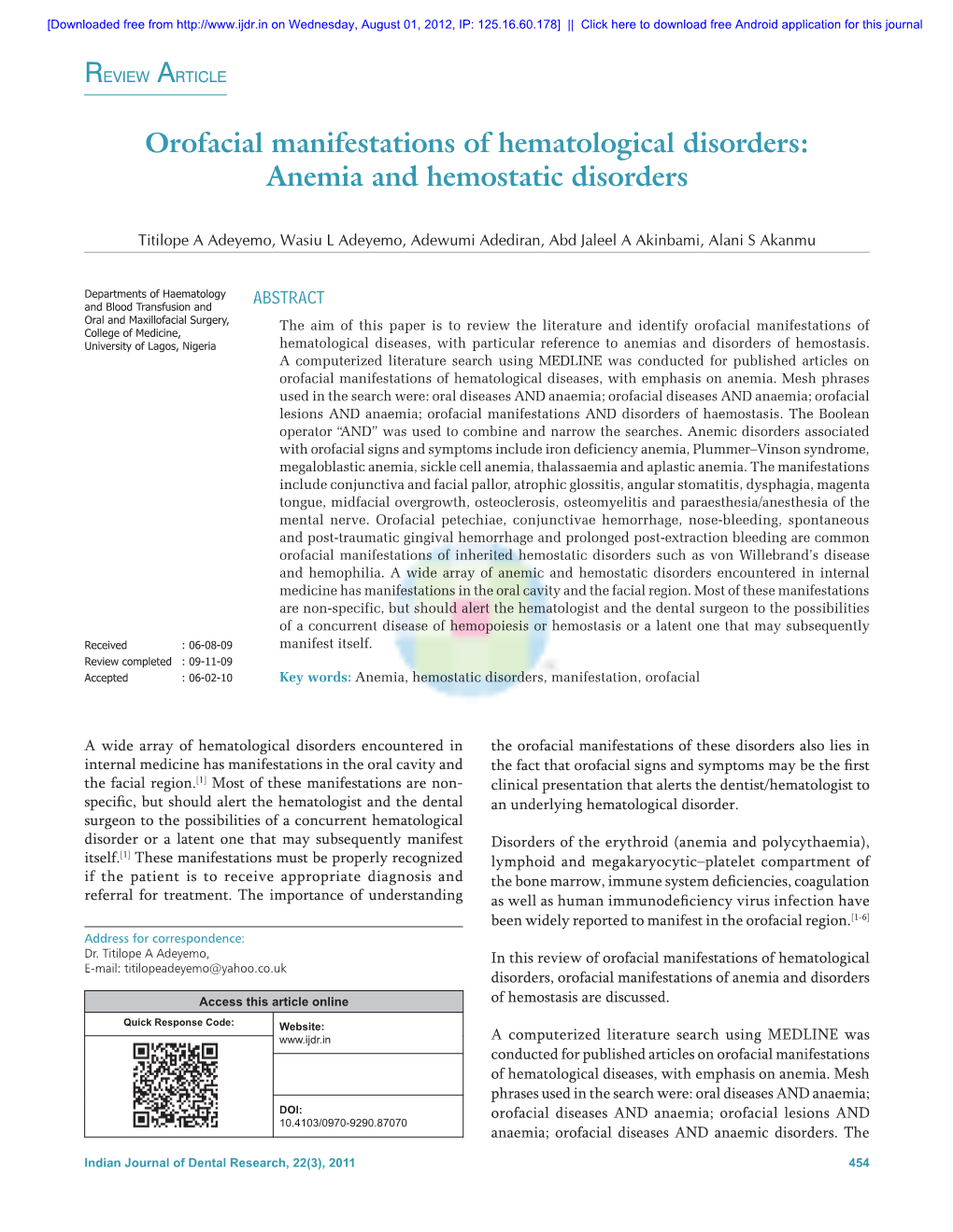 Anemia and Hemostatic Disorders