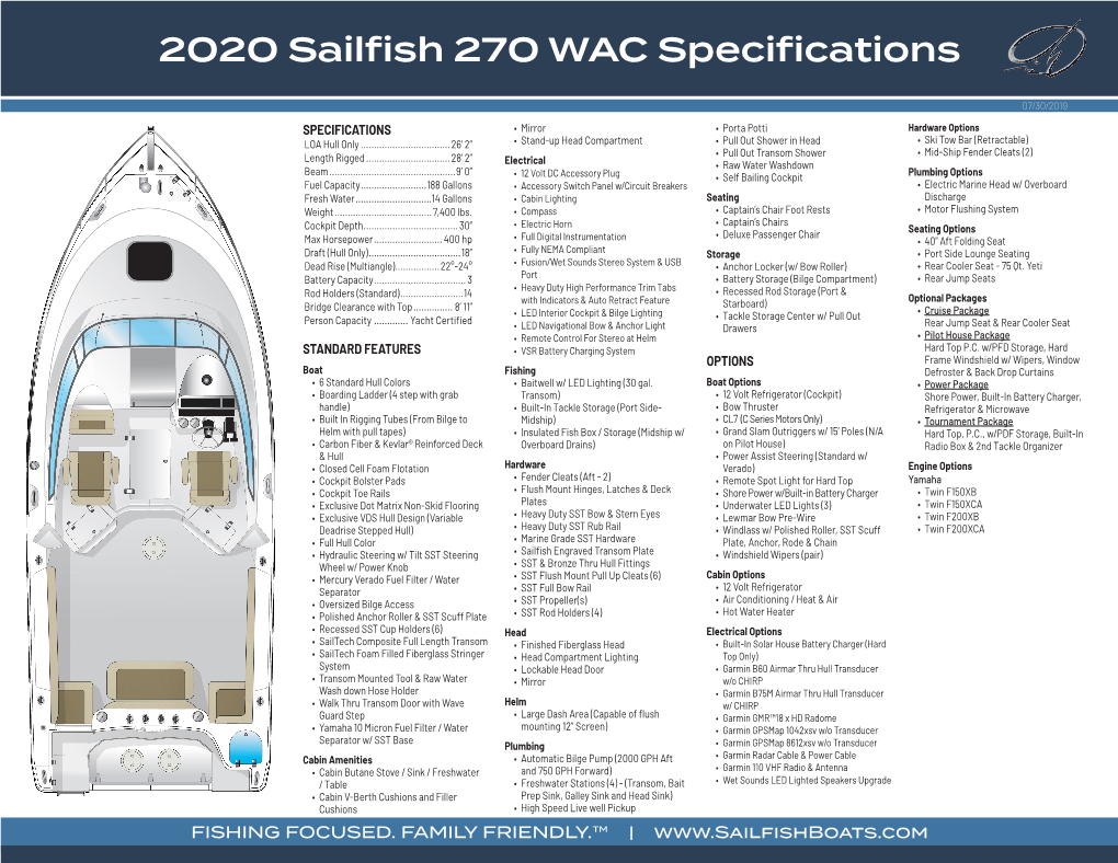 2020 Sailfish 270 WAC Specifications