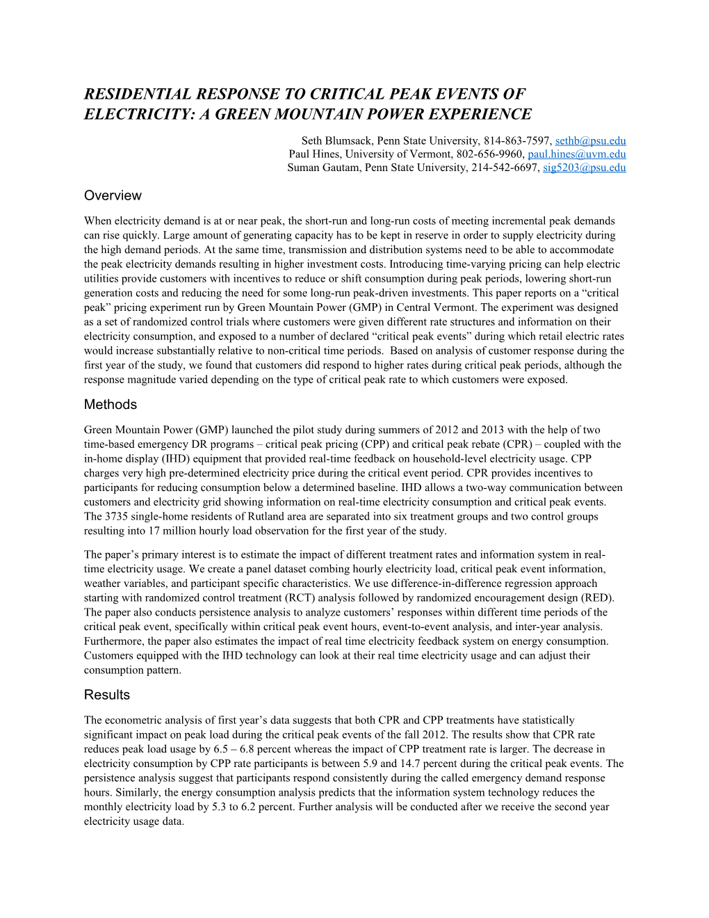 Residential Response to Critical Peak Events of Electricity: a Green Mountain Power Experience