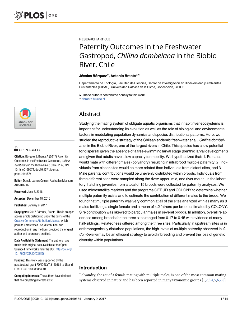 Paternity Outcomes in the Freshwater Gastropod, Chilina Dombeiana in the Biobı´O River, Chile