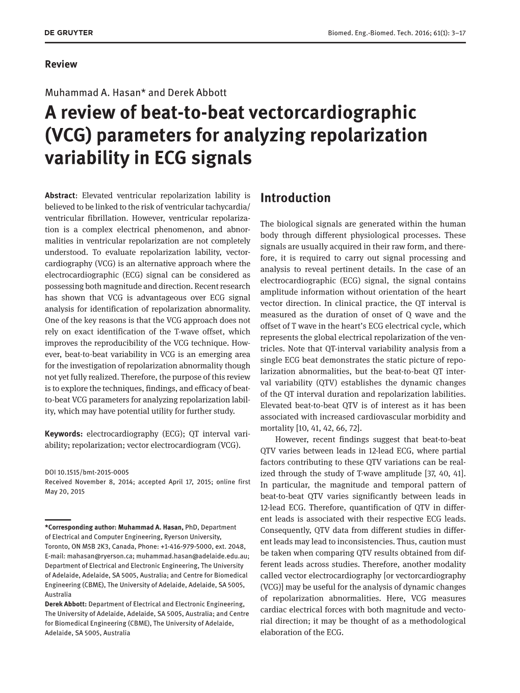 (VCG) Parameters for Analyzing Repolarization Variability in ECG Signals