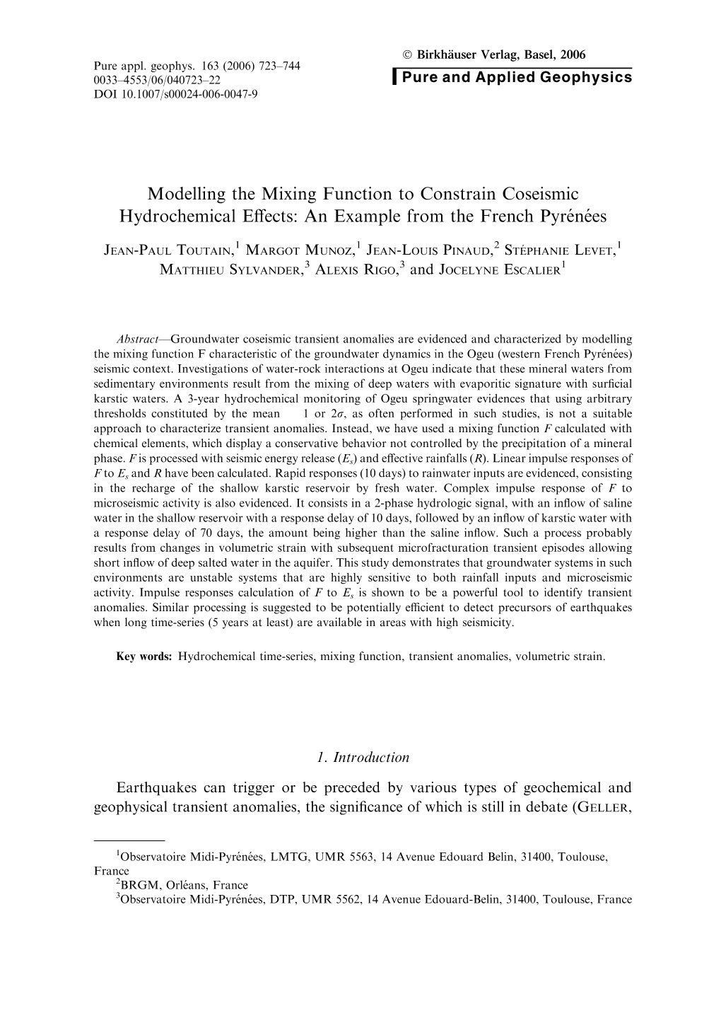 Modelling the Mixing Function to Constrain Coseismic Hydrochemical Eﬀects: an Example from the French Pyre´Ne´Es