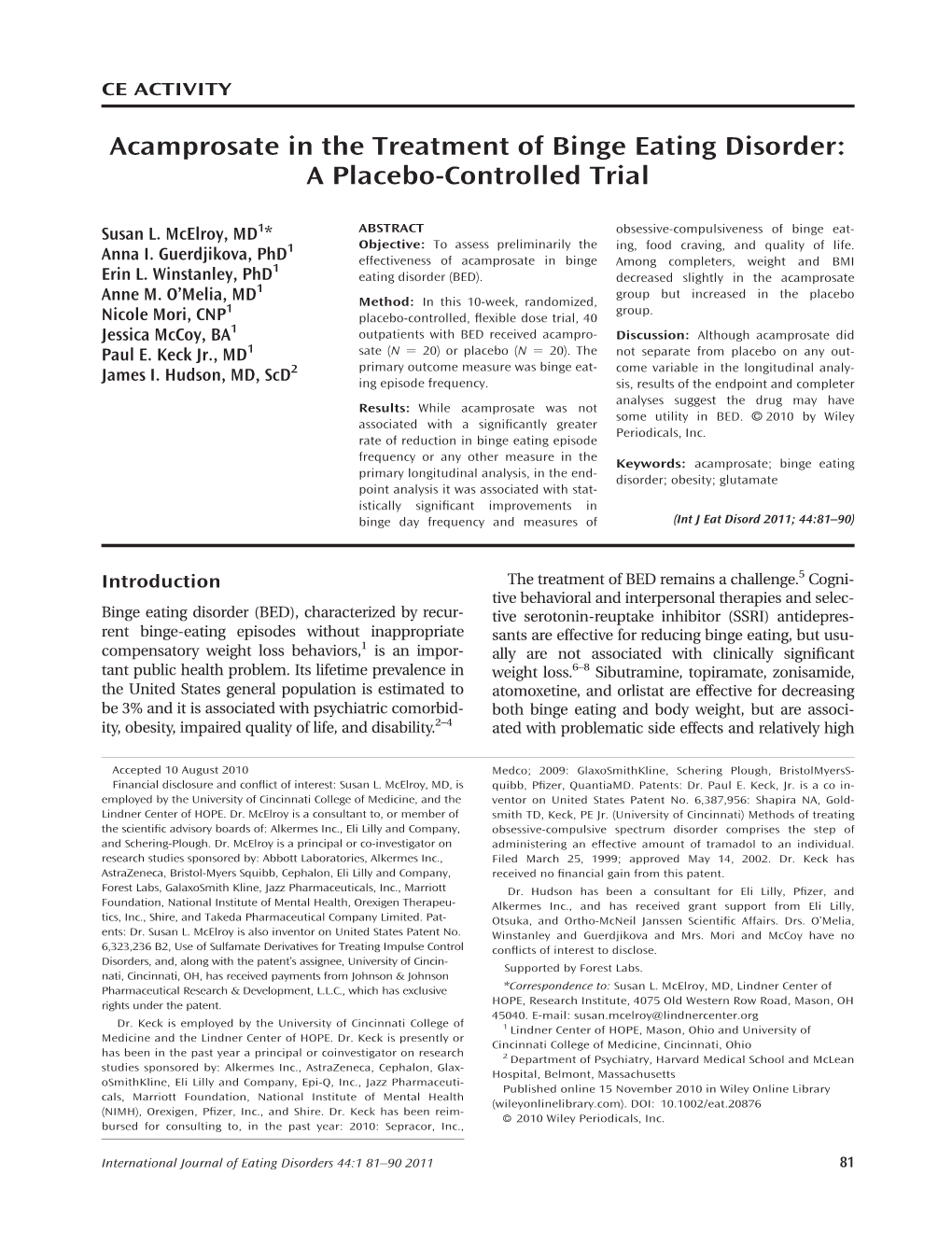 Acamprosate in the Treatment of Binge Eating Disorder: a Placebo-Controlled Trial