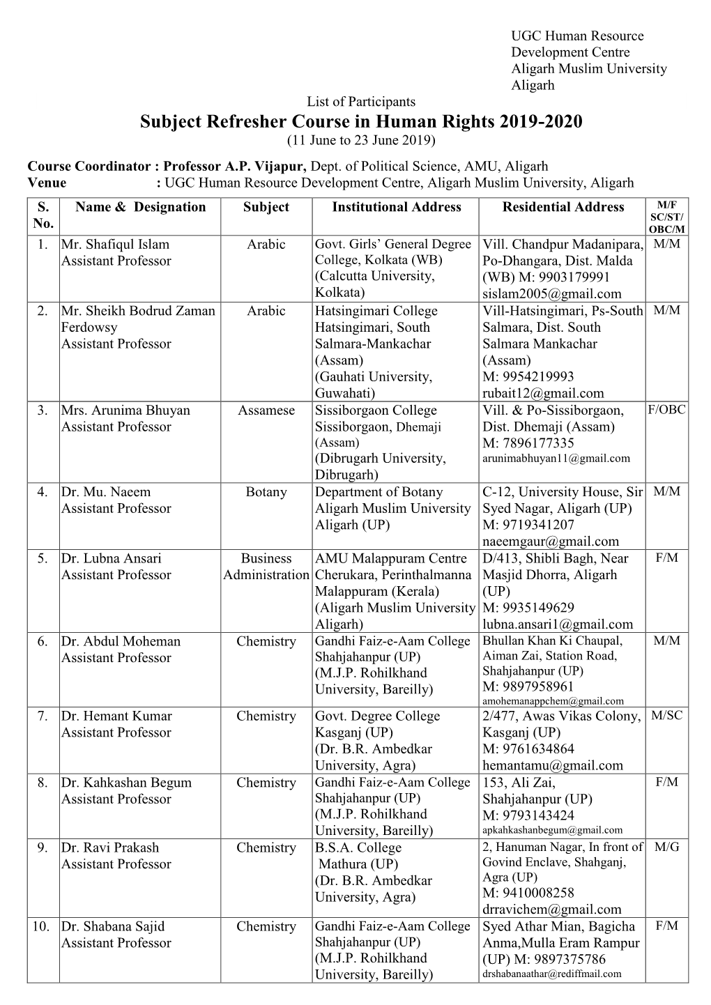 Subject Refresher Course in Human Rights 2019-2020 (11 June to 23 June 2019)