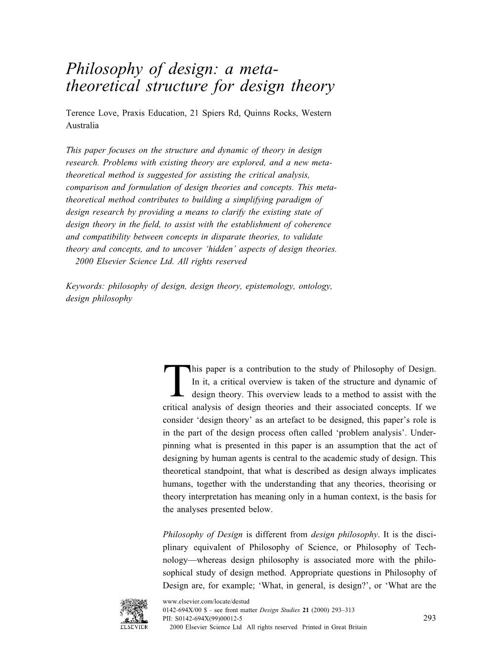 Philosophy of Design: a Meta- Theoretical Structure for Design Theory