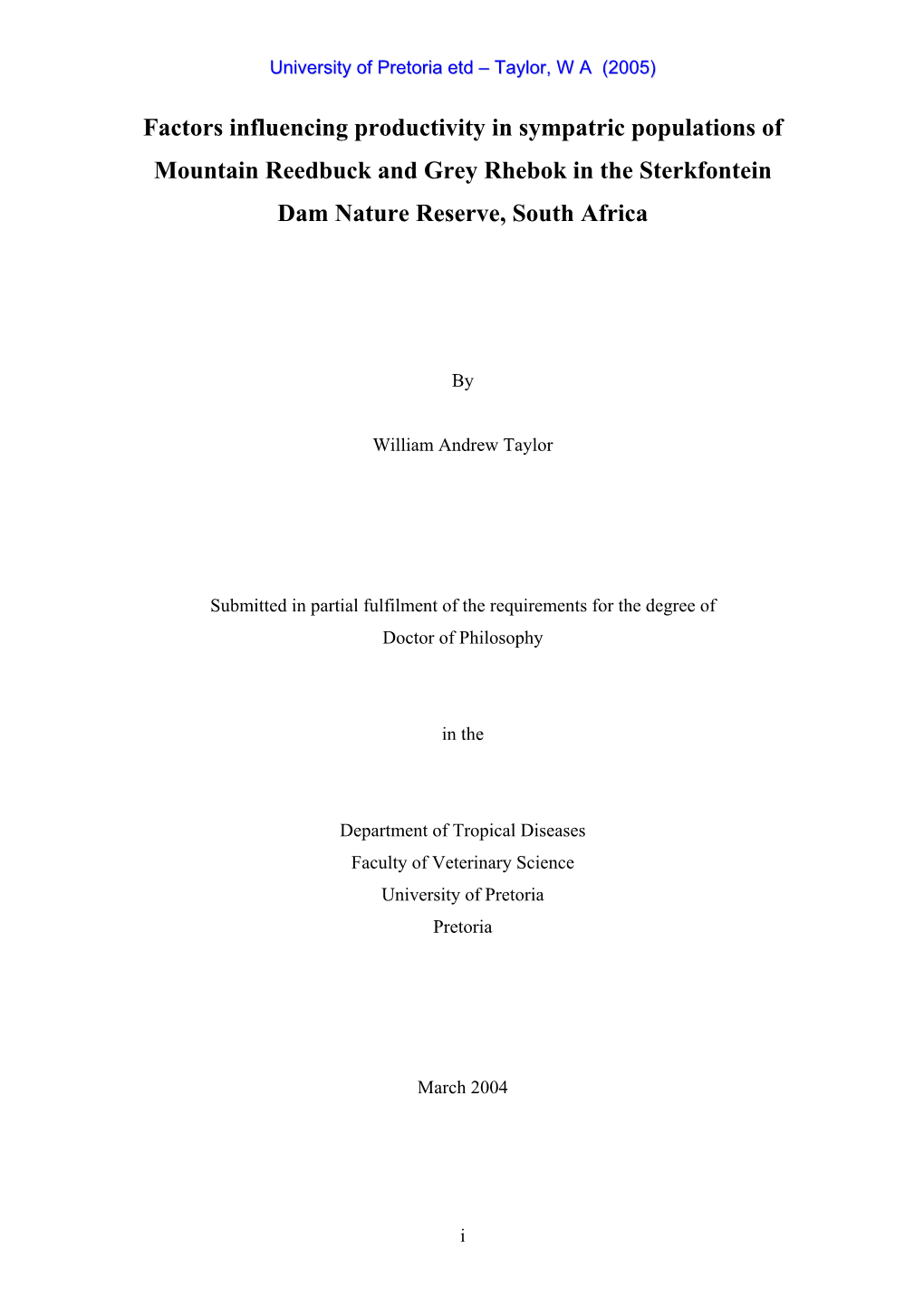 Factors Influencing Productivity in Sympatric Populations of Mountain Reedbuck and Grey Rhebok in the Sterkfontein