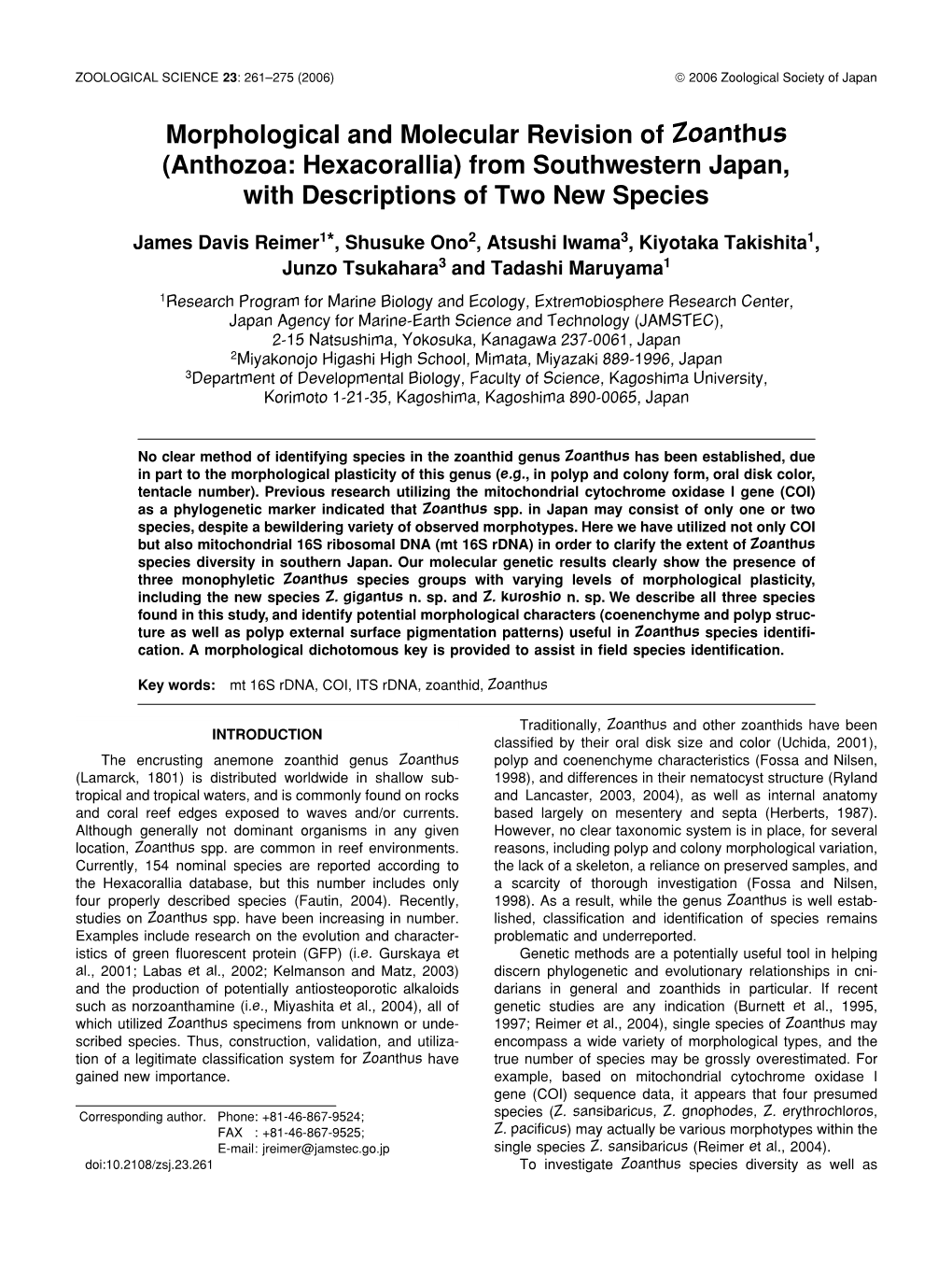 Morphological and Molecular Revision of Zoanthus (Anthozoa: Hexacorallia) from Southwestern Japan, with Descriptions of Two New Species