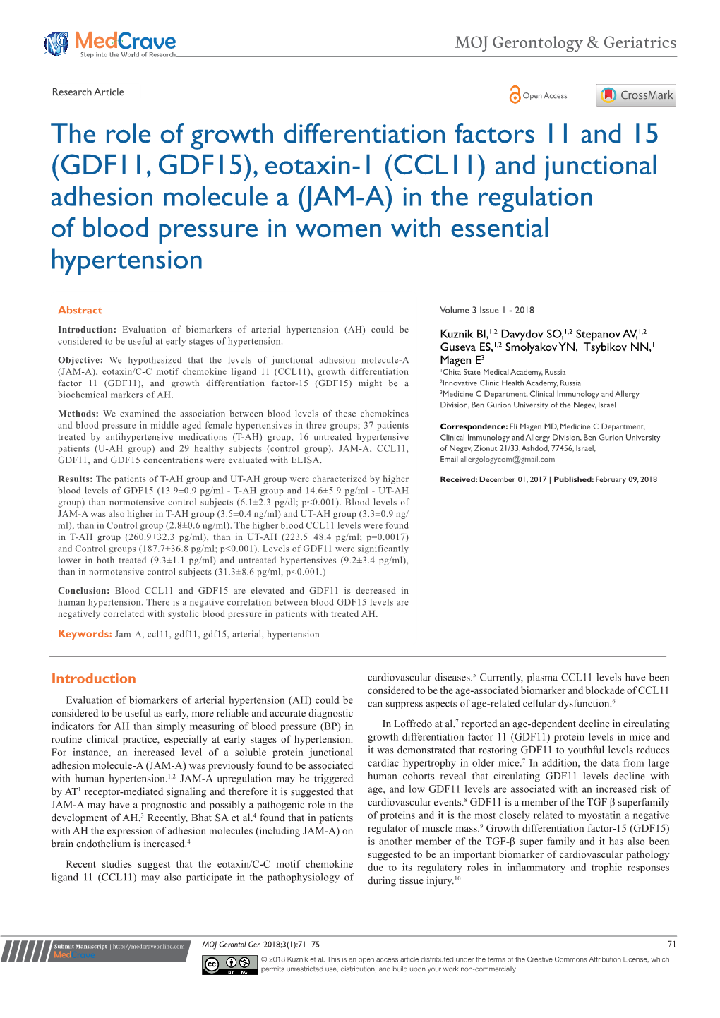 GDF11, GDF15), Eotaxin-1 (CCL11) and Junctional Adhesion Molecule a (JAM-A) in the Regulation of Blood Pressure in Women with Essential Hypertension