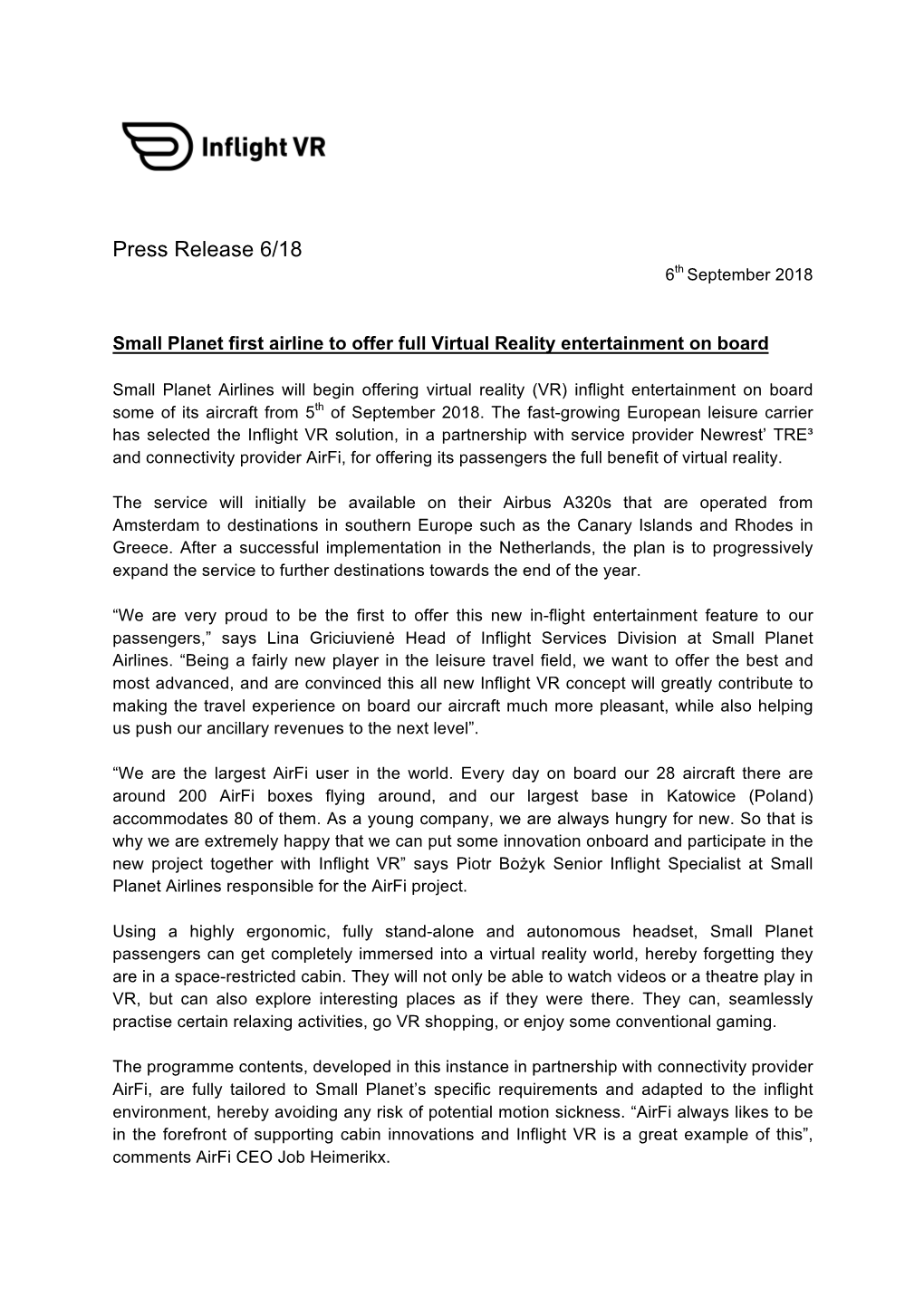 06 Sep 2018 Press Release 6/18 Small Planet First Airline