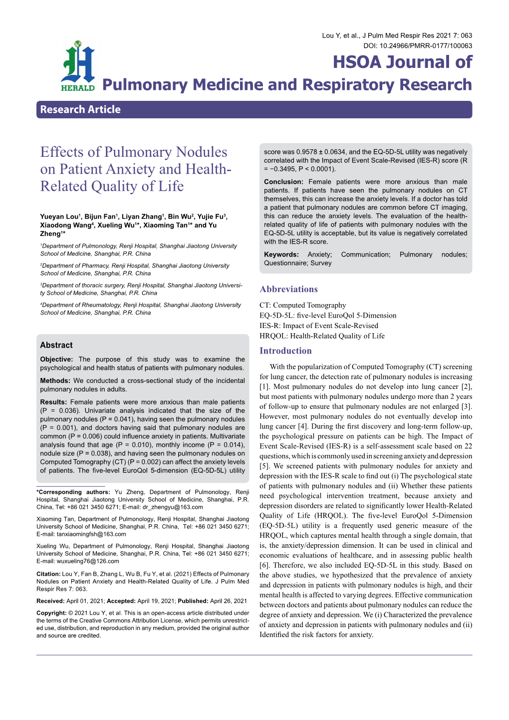 Effects of Pulmonary Nodules on Patient Anxiety and Health-Related Quality of Life