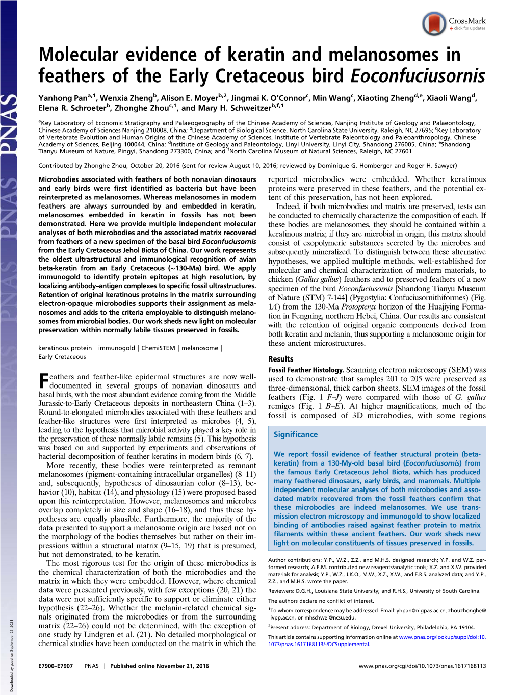 Molecular Evidence of Keratin and Melanosomes in Feathers of the Early Cretaceous Bird Eoconfuciusornis