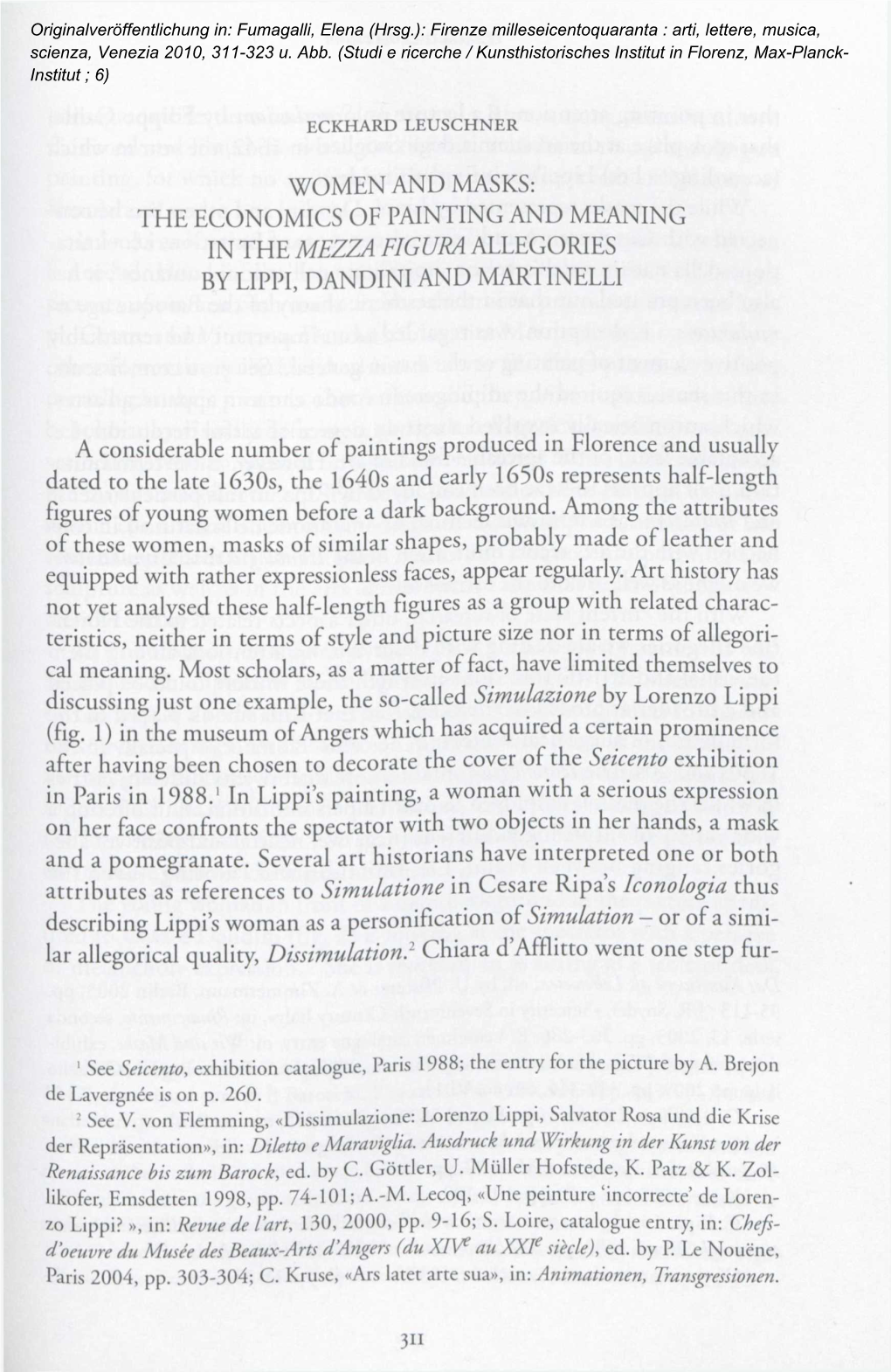 Women and Masks: the Economics of Painting and Meaning in the Mezza Figura Allegories by Lippi, Dandini and Martinelli