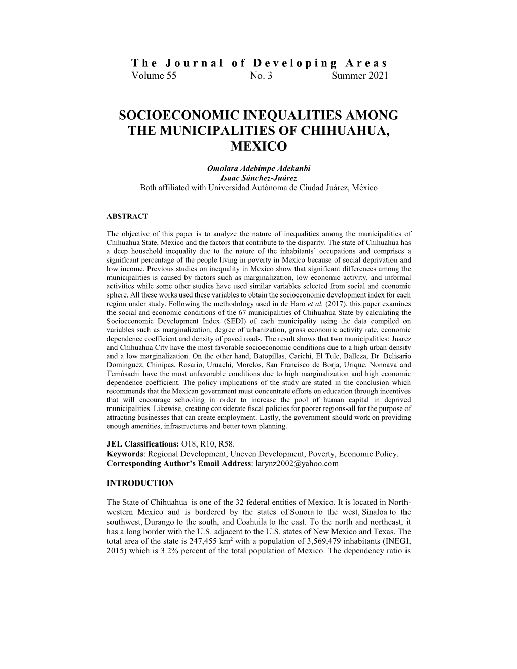 Socioeconomic Inequalities Among the Municipalities of Chihuahua, Mexico