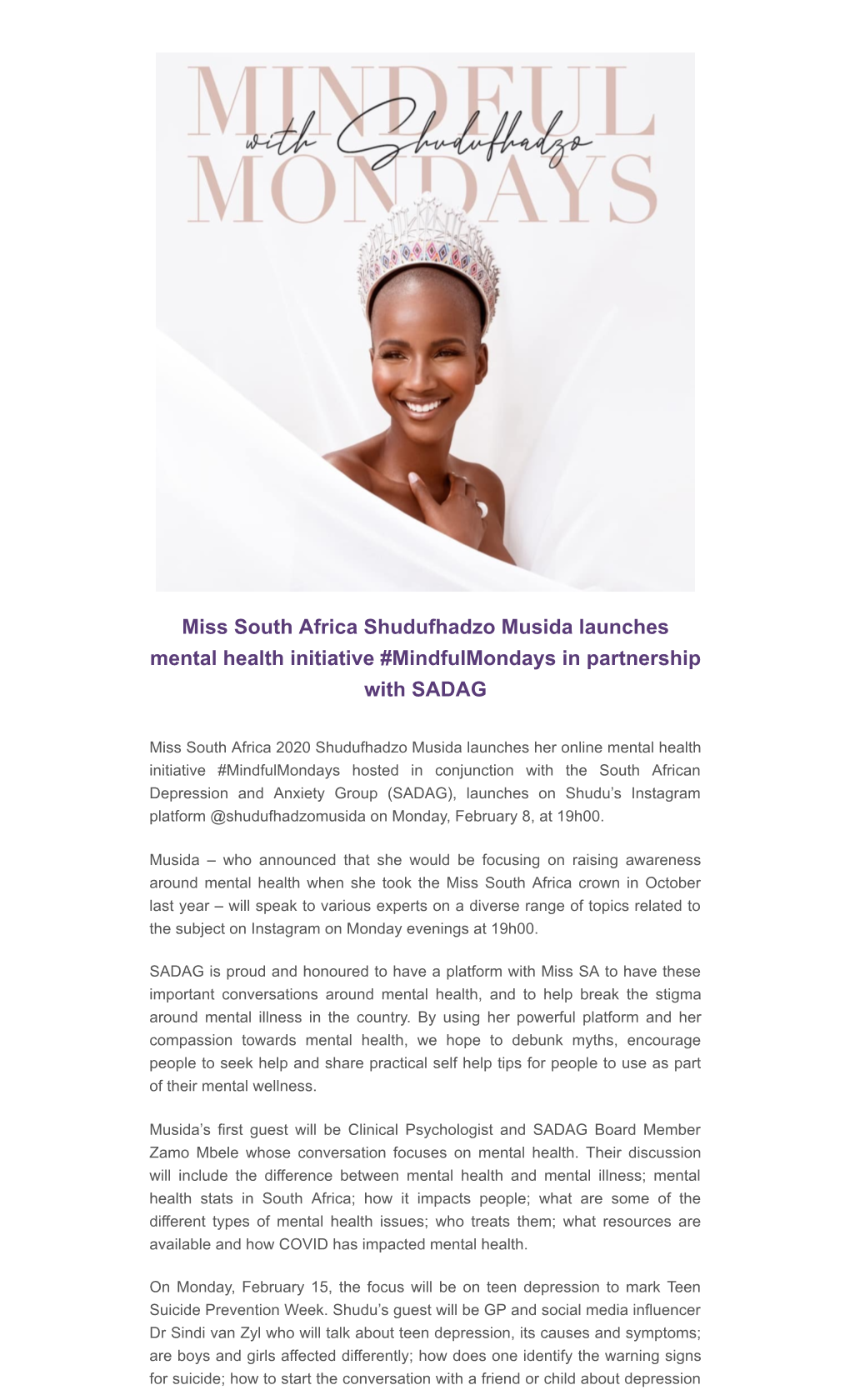 Miss South Africa Shudufhadzo Musida Launches Mental Health Initiative #Mindfulmondays in Partnership with SADAG
