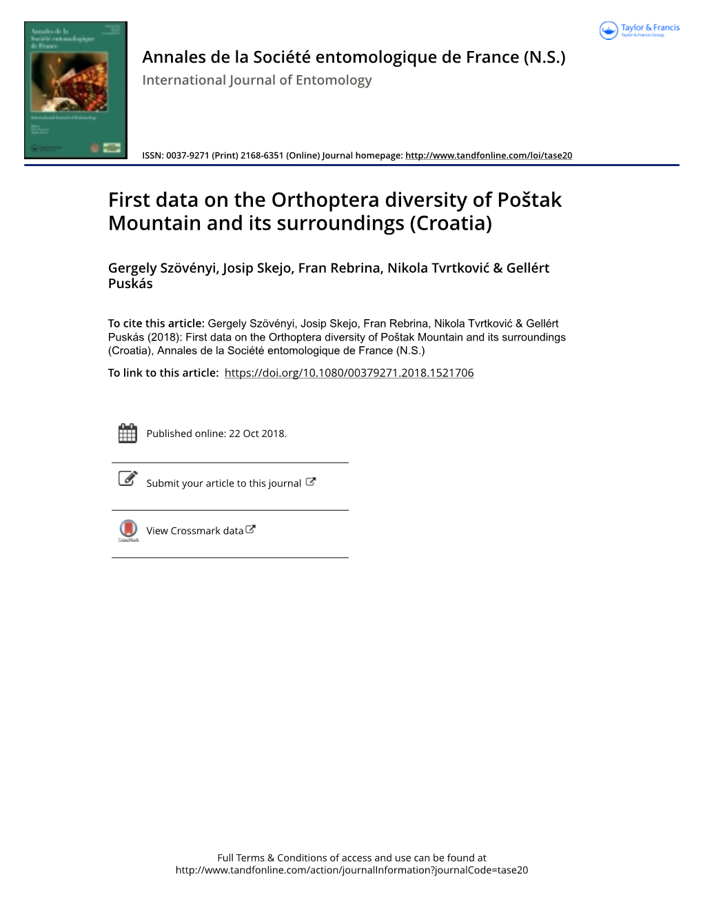 First Data on the Orthoptera Diversity of Poštak Mountain and Its Surroundings (Croatia)