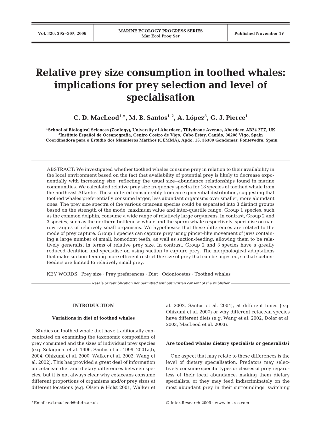 Relative Prey Size Consumption in Toothed Whales: Implications for Prey Selection and Level of Specialisation