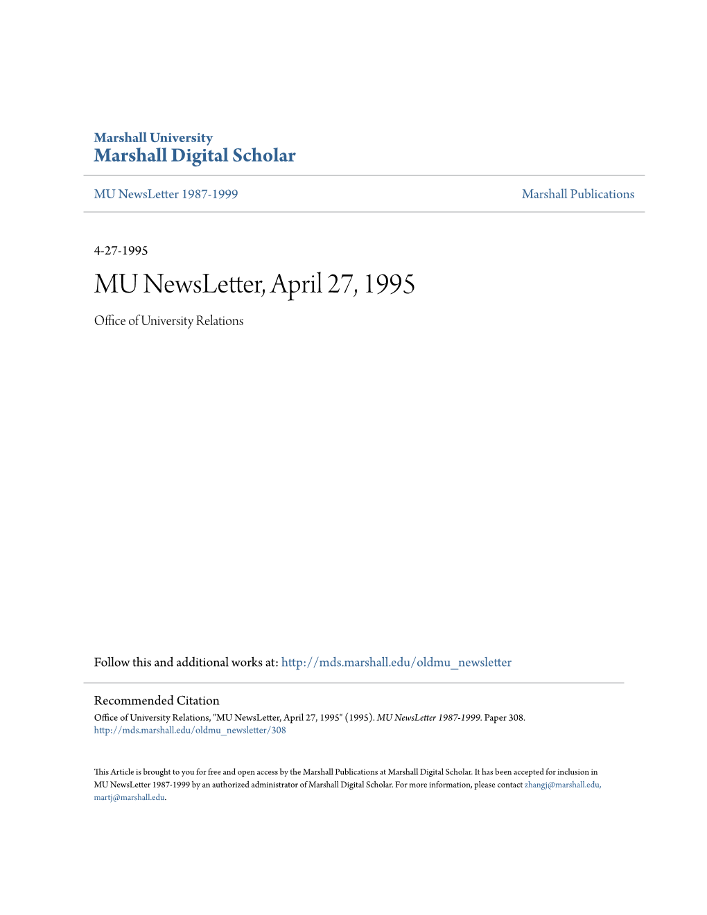 MU Newsletter, April 27, 1995 Office Ofni U Versity Relations