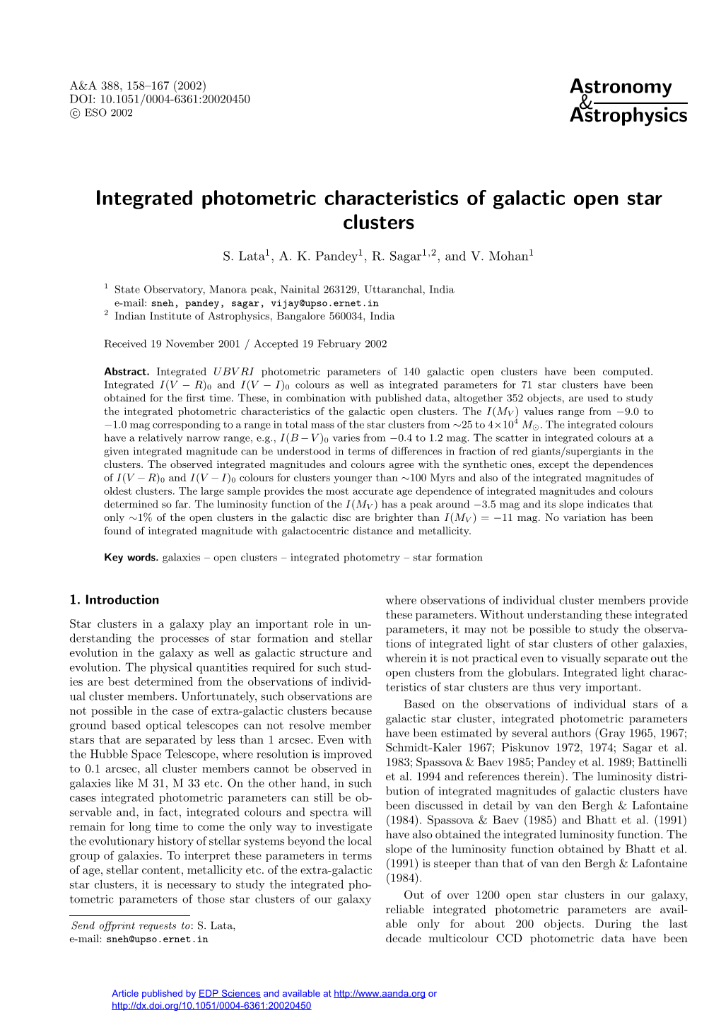 Astronomy & Astrophysics Integrated Photometric Characteristics of Galactic Open Star Clusters
