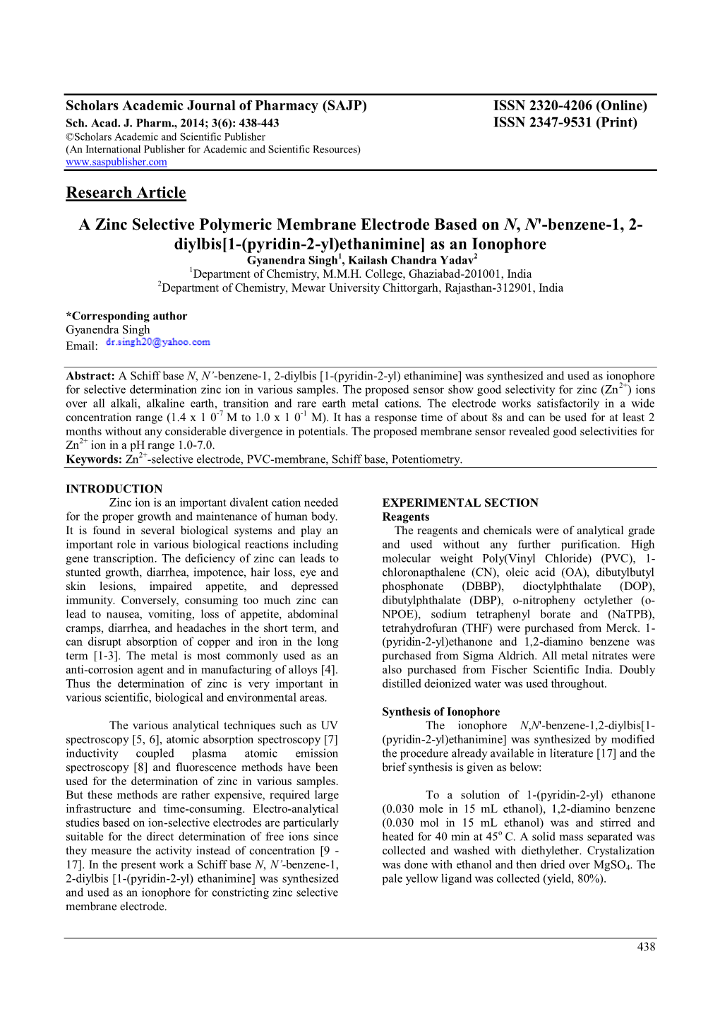 Research Article a Zinc Selective Polymeric