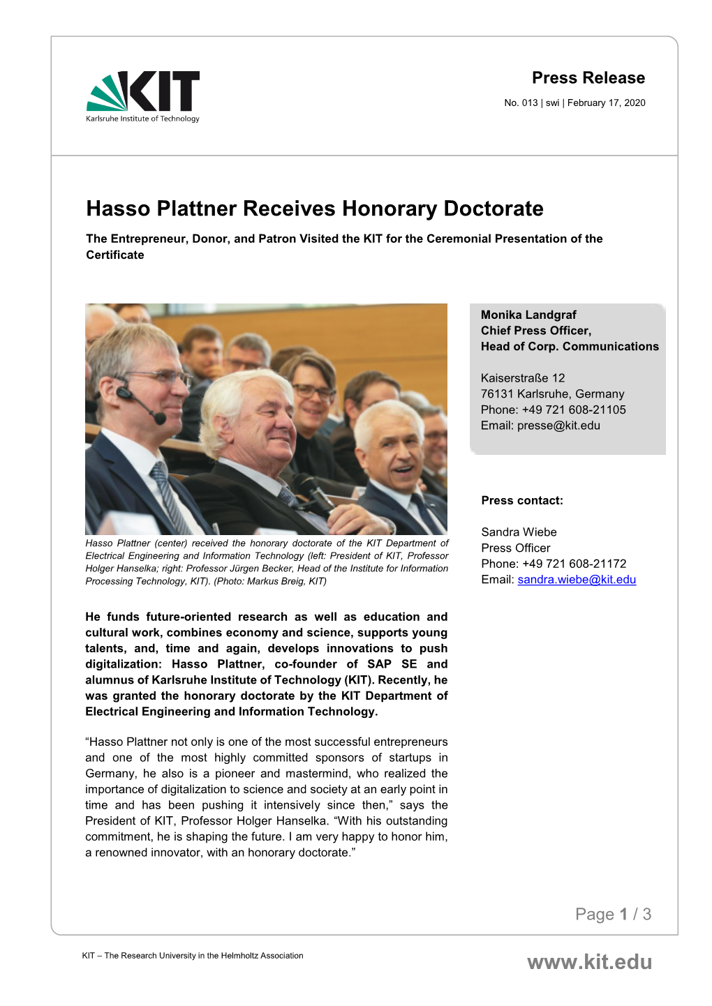 Hasso Plattner Receives Honorary Doctorate