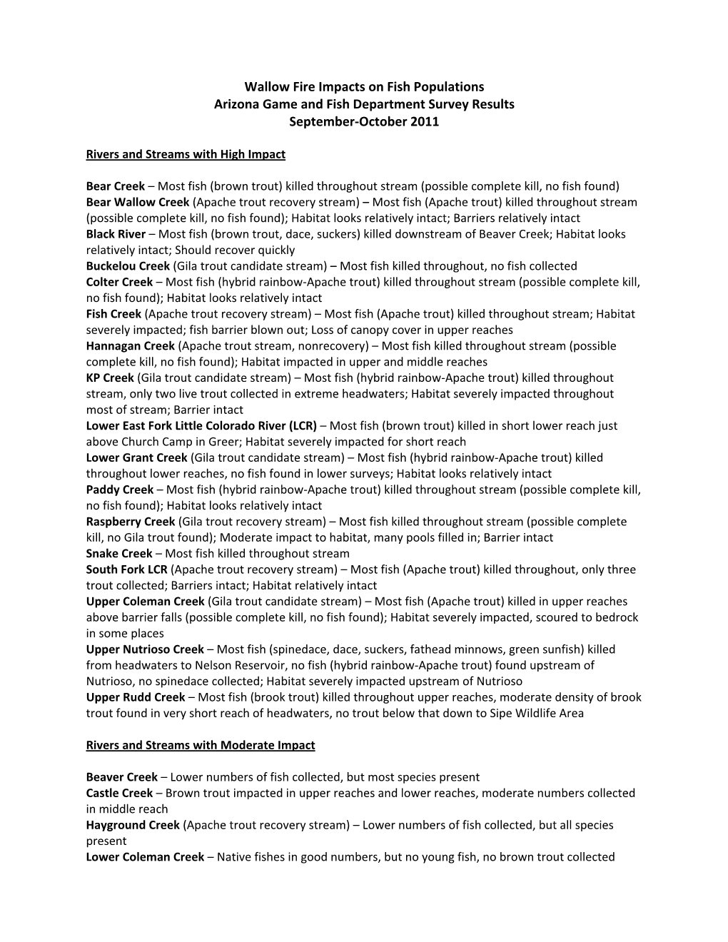 Wallow Fire Impacts on Fish Populations Arizona Game and Fish Department Survey Results September‐October 2011