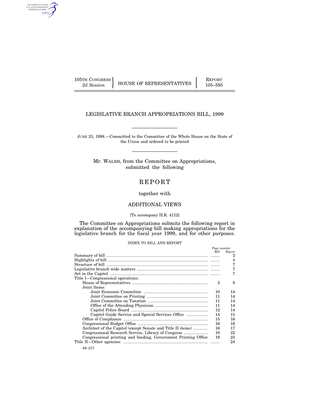 REPORT 2D Session HOUSE of REPRESENTATIVES 105–595 "!