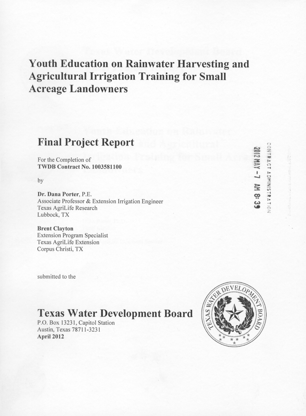Youth Education on Rainwater Harvesting and Agricultural Irrigation Training for Small Acreage Landowners