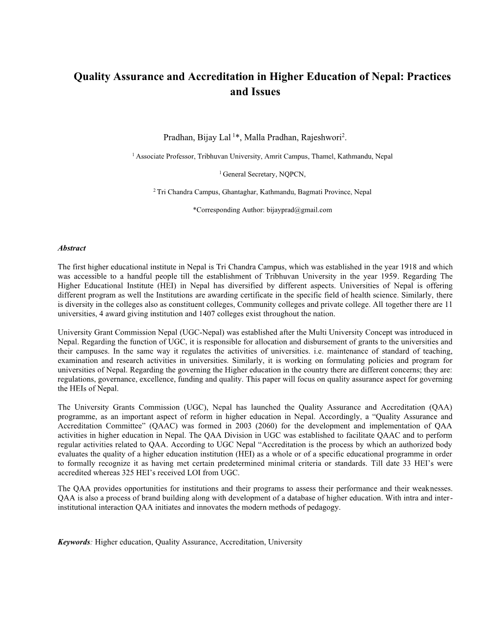 Quality Assurance and Accreditation in Higher Education of Nepal: Practices and Issues