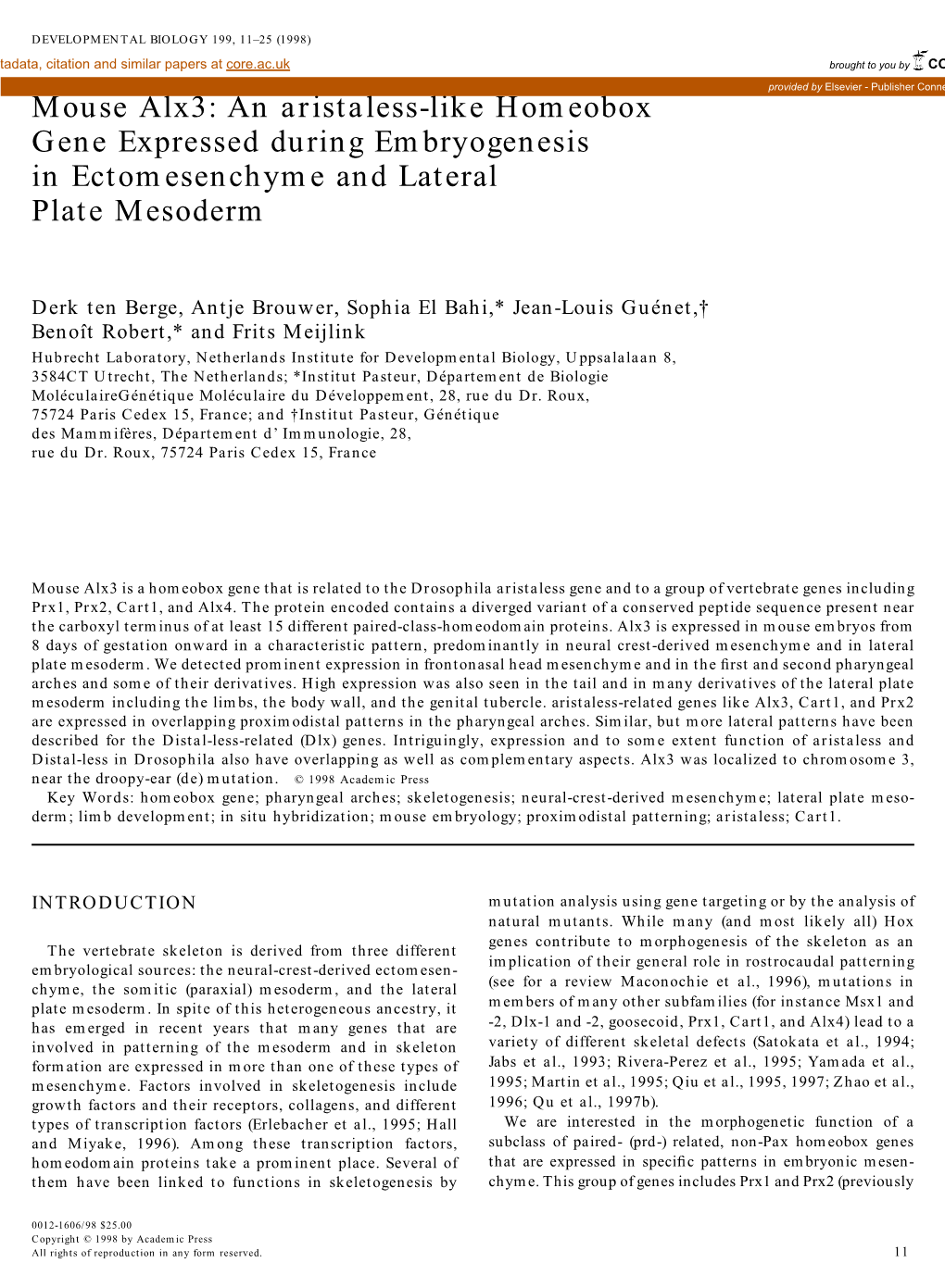 Mouse Alx3: an Aristaless-Like Homeobox Gene Expressed During Embryogenesis in Ectomesenchyme and Lateral Plate Mesoderm