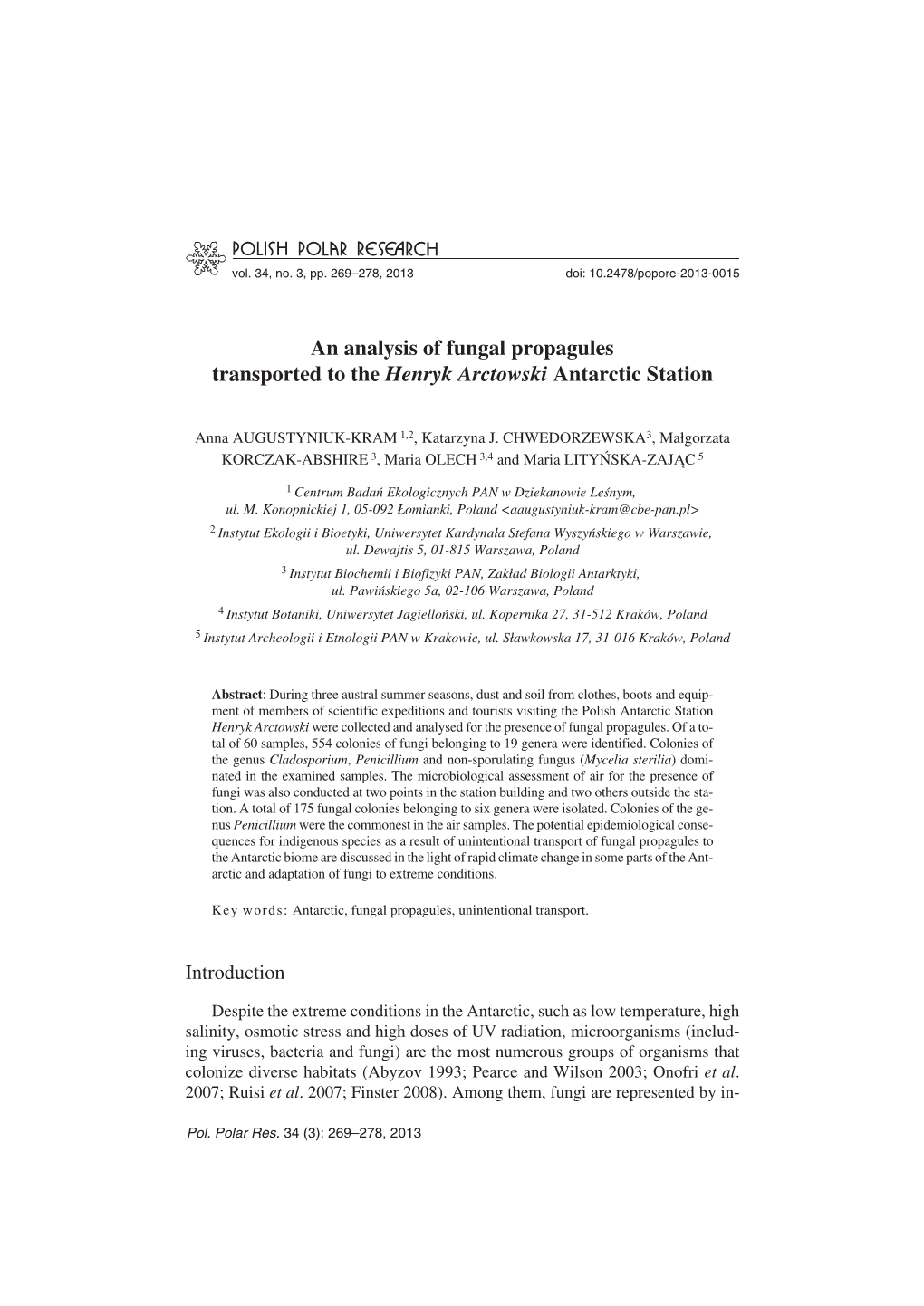 An Analysis of Fungal Propagules Transported to the Henryk Arctowski Antarctic Station