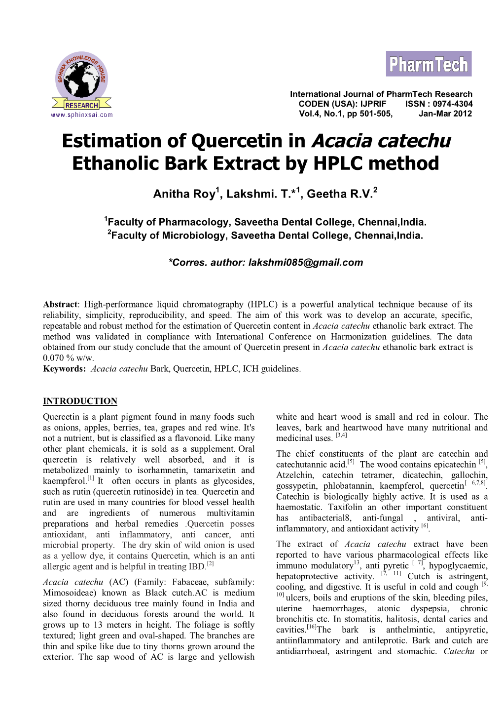 Estimation of Quercetin in Acacia Catechu Ethanolic Bark Extract by HPLC Method
