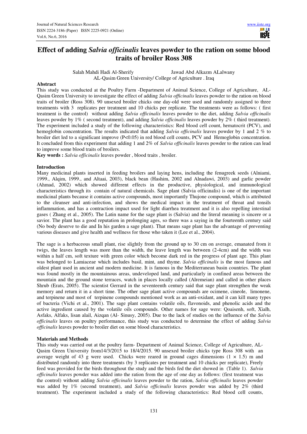 Effect of Adding Salvia Officinalis Leaves Powder to the Ration on Some Blood Traits of Broiler Ross 308