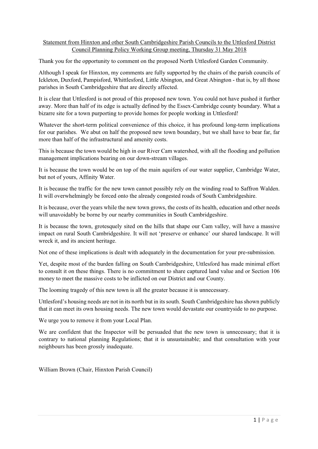 1 | Page Statement from Hinxton and Other South Cambridgeshire Parish Councils to the Uttlesford District Council Planning Polic