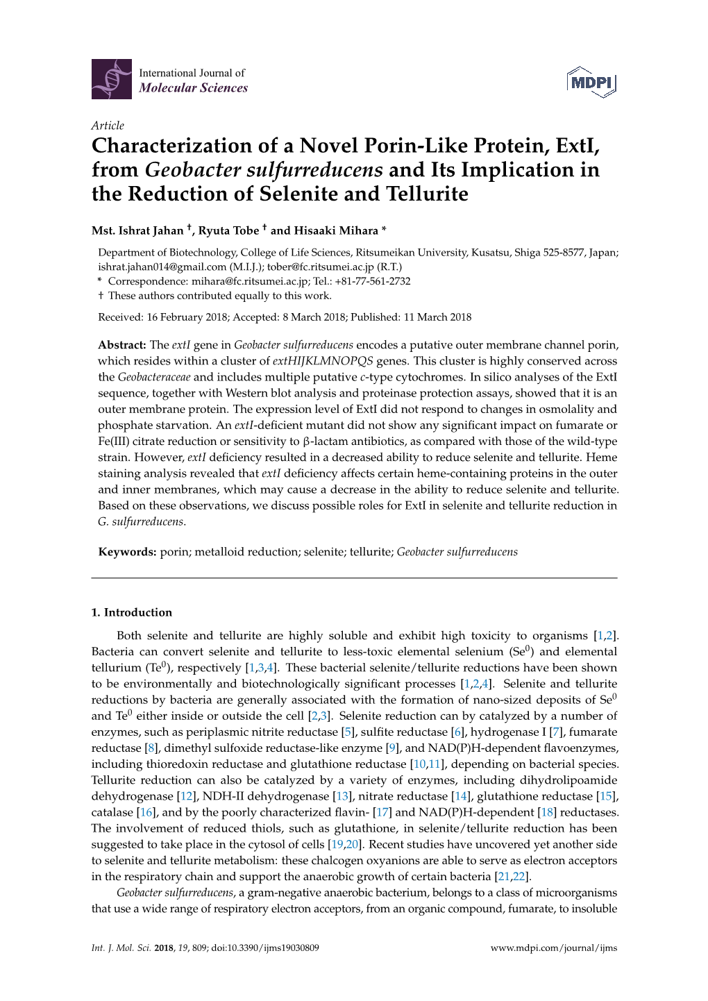 Characterization of a Novel Porin-Like Protein, Exti, from Geobacter Sulfurreducens and Its Implication in the Reduction of Selenite and Tellurite
