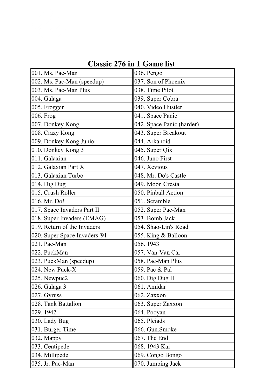 Classic 276 in 1 Game List 001