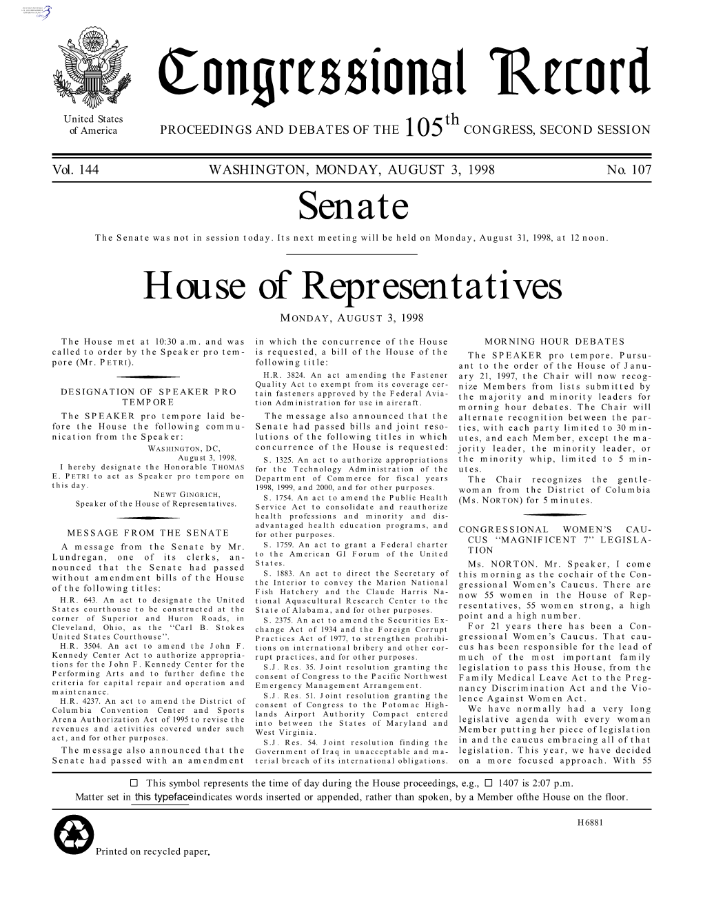 Congressional Record United States Th of America PROCEEDINGS and DEBATES of the 105 CONGRESS, SECOND SESSION