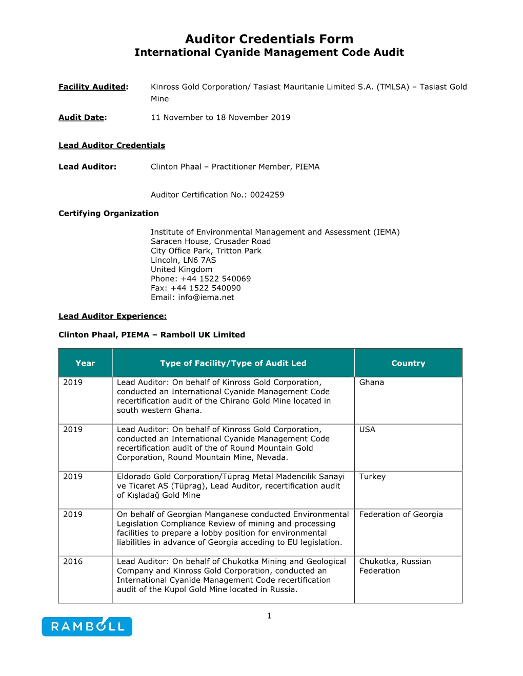 Auditor Credentials Form International Cyanide Management Code Audit