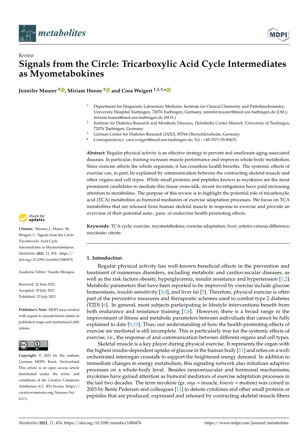 Tricarboxylic Acid Cycle Intermediates As Myometabokines