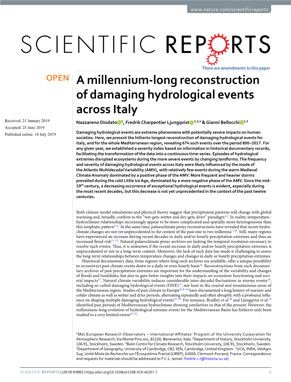 A Millennium-Long Reconstruction of Damaging Hydrological Events Across Italy