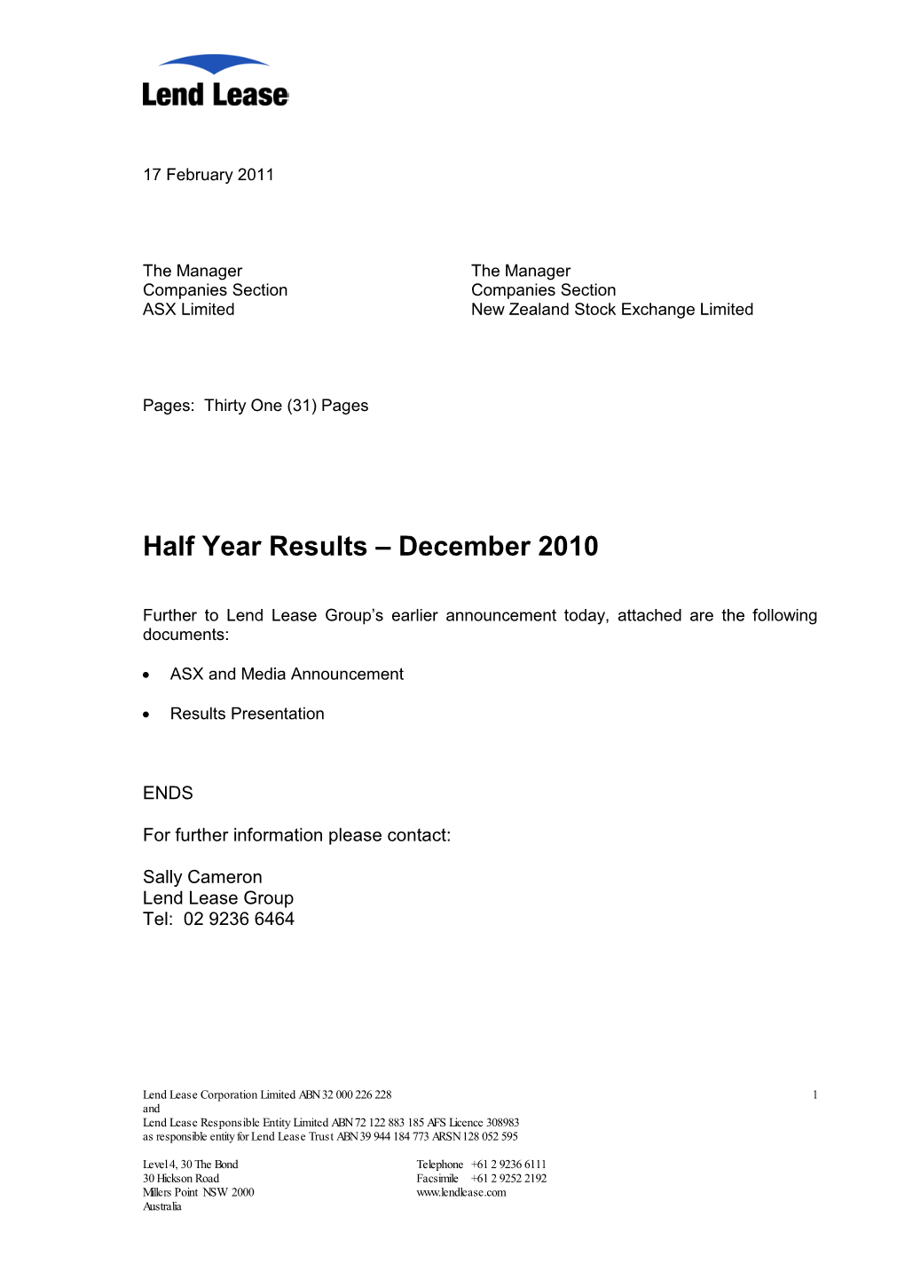 Half Year Results – December 2010