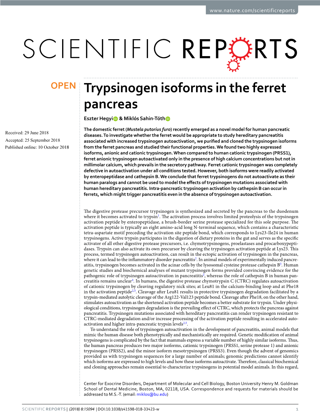 Trypsinogen Isoforms in the Ferret Pancreas Eszter Hegyi & Miklós Sahin-Tóth