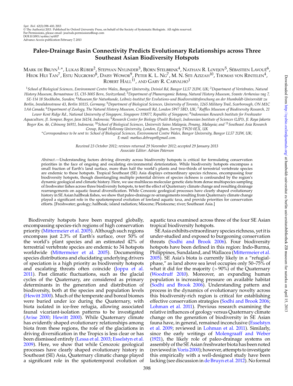 Paleo-Drainage Basin Connectivity Predicts Evolutionary Relationships Across Three Southeast Asian Biodiversity Hotspots