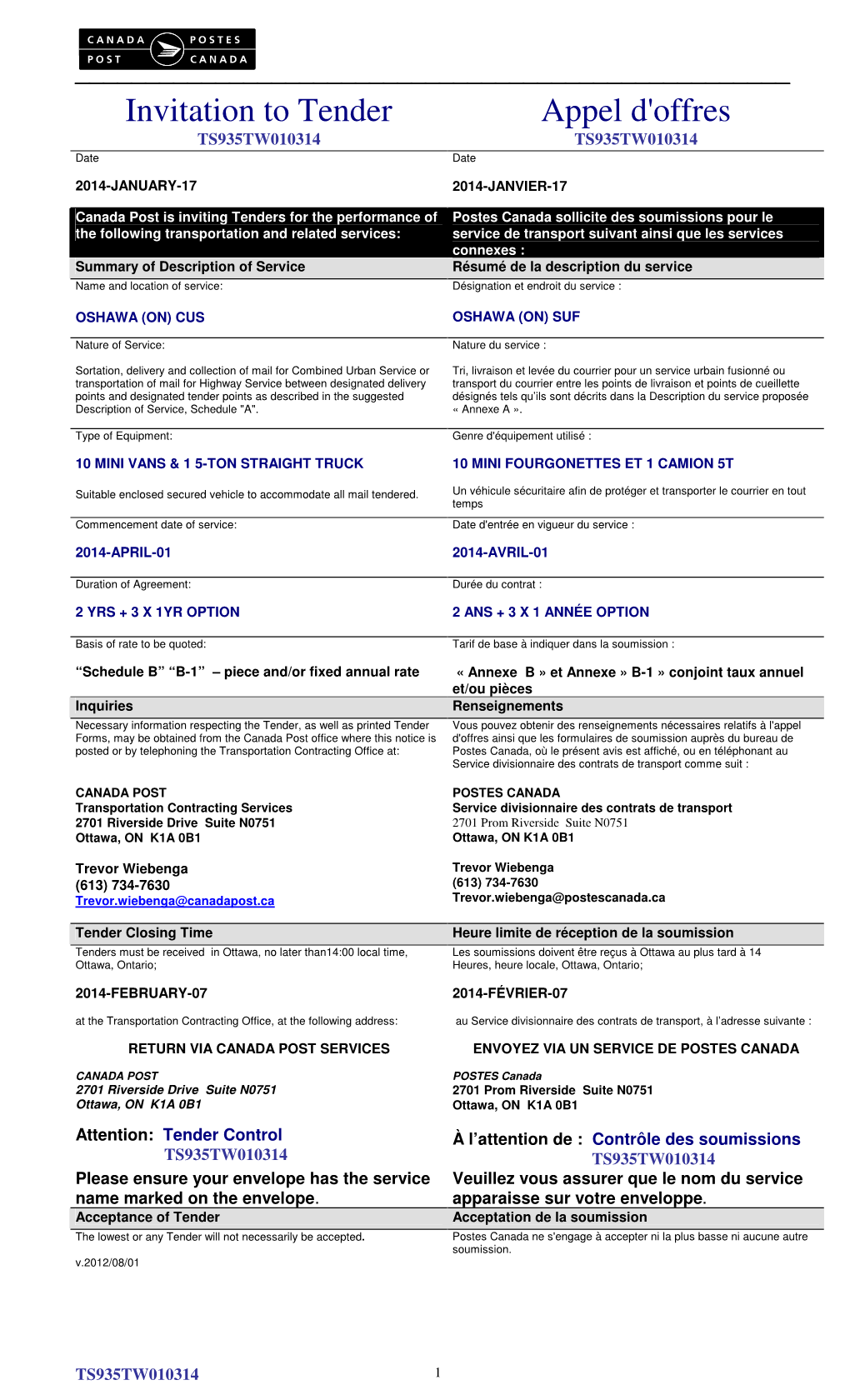 Invitation to Tender Appel D'offres TS935TW010314 TS935TW010314 Date Date